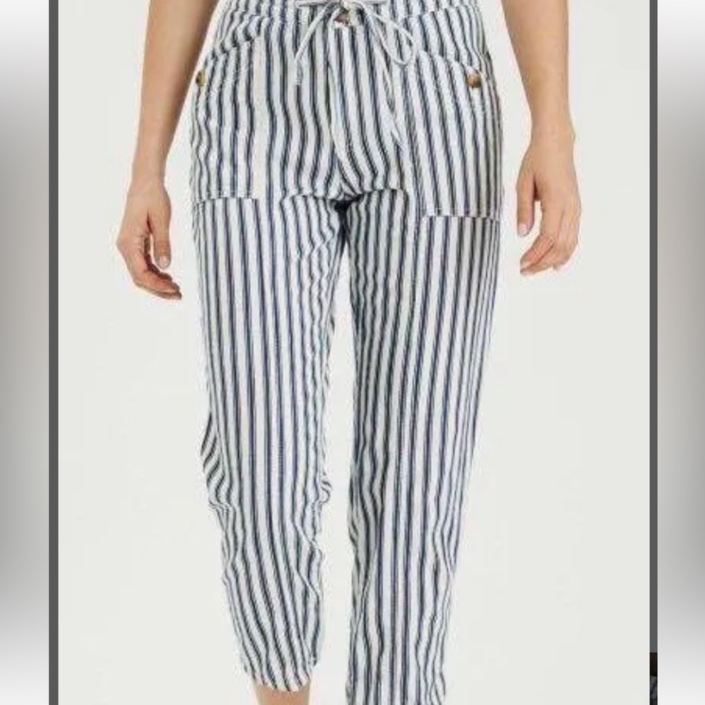 American Eagle Coastal Striped Blue White Pants With Drawstring Waist Straight 4